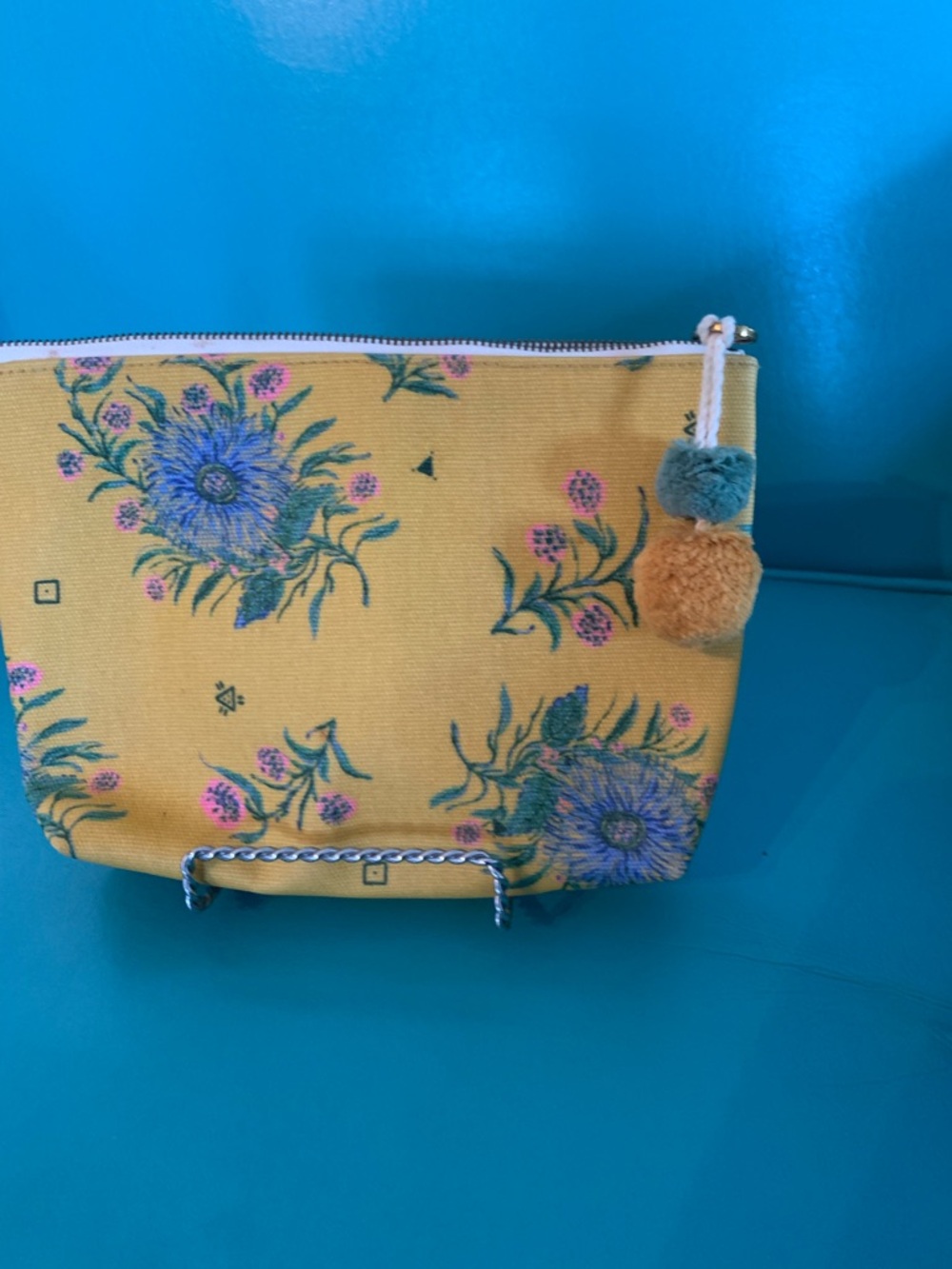Madewell Yellow Floral Canvas Cosmetic Pouch with Pom Tassels
